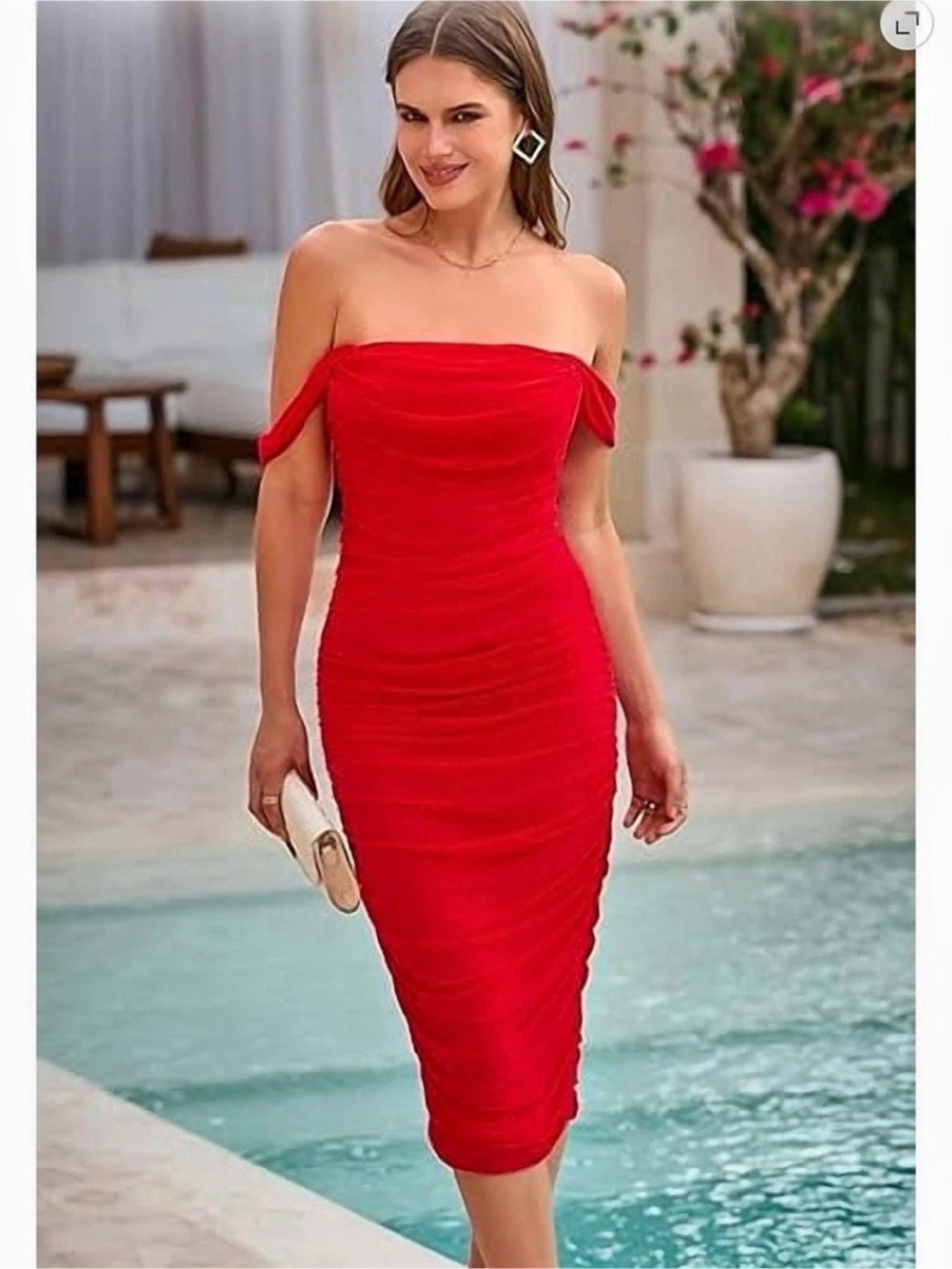 Off-the-Shoulder Ruched Midi Dress in Red NWOT